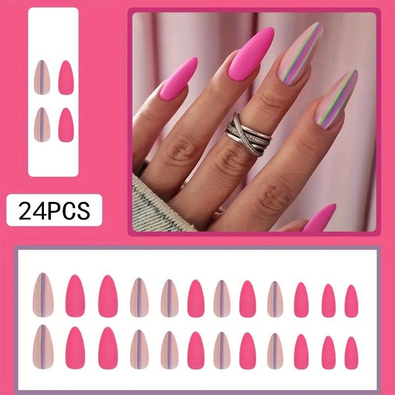 24pcs Matte Pink Press On Nails, Long Almond False Nails with Hot Pink Glue