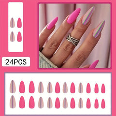 24pcs Matte Pink Press On Nails, Long Almond False Nails with Hot Pink Glue