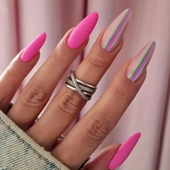 24pcs Matte Pink Press On Nails, Long Almond False Nails with Hot Pink Glue