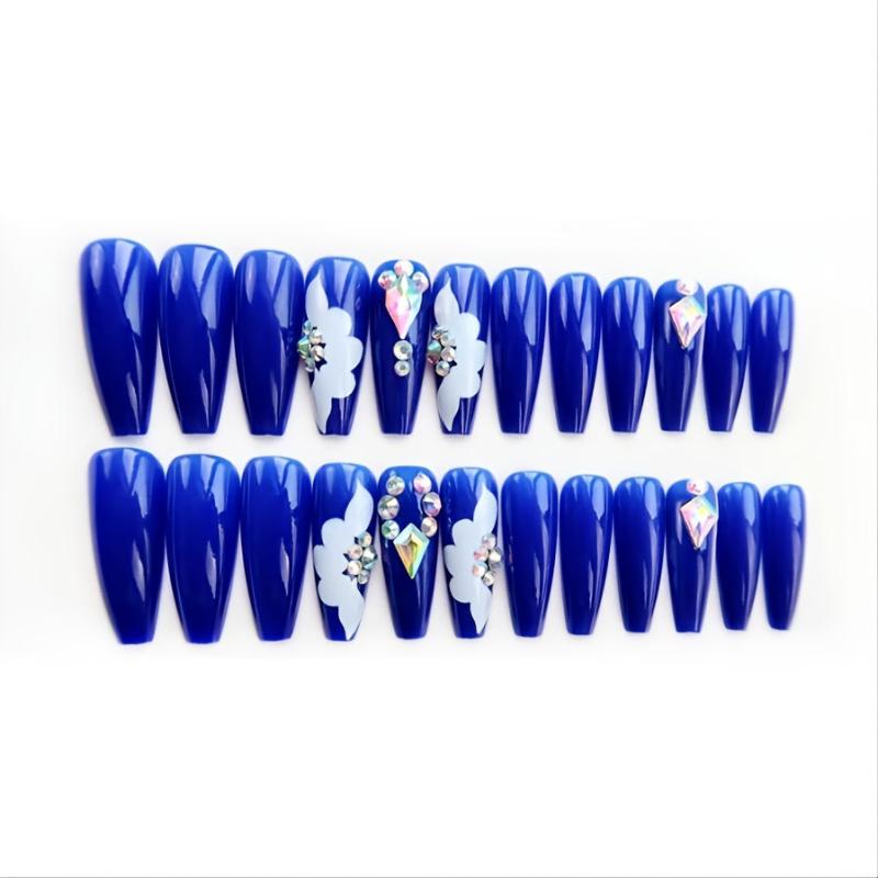 24 pcs Rhinestone Press On Nails Long Dark Full Cover Artificial Nails
