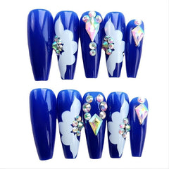 24 pcs Rhinestone Press On Nails Long Dark Full Cover Artificial Nails