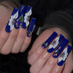 24 pcs Rhinestone Press On Nails Long Dark Full Cover Artificial Nails