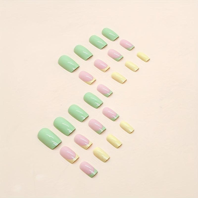 24pcs Bright Green Yellow Pink Press On Nails Medium Square False Nails