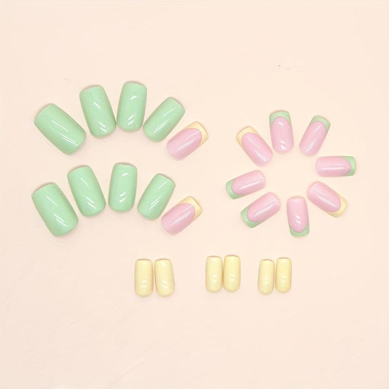 24pcs Bright Green Yellow Pink Press On Nails Medium Square False Nails