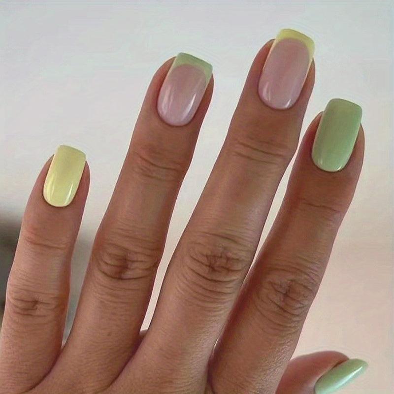 24pcs Bright Green Yellow Pink Press On Nails Medium Square False Nails