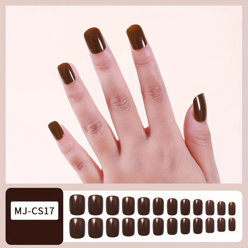 24pcs Glossy Brown Press On Nails Short Square False Nails