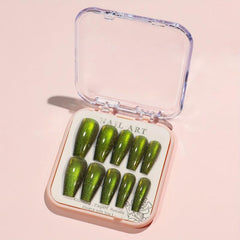 24pcs Green Reflective Glitter Cat Eye Press On Nails With Chameleon Effect