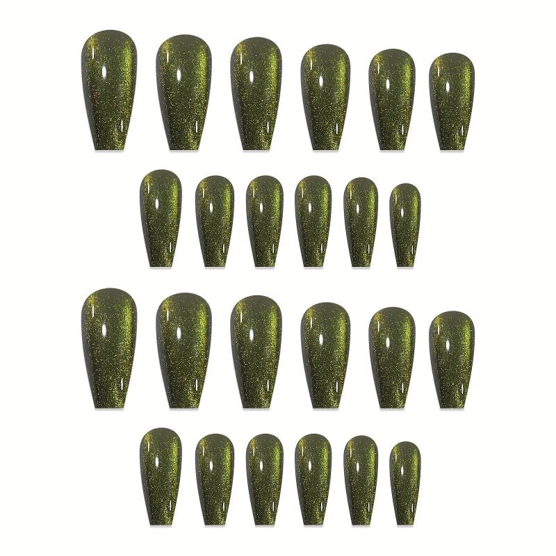 24pcs Green Reflective Glitter Cat Eye Press On Nails With Chameleon Effect