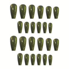 24pcs Green Reflective Glitter Cat Eye Press On Nails With Chameleon Effect
