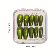 24pcs Green Reflective Glitter Cat Eye Press On Nails With Chameleon Effect