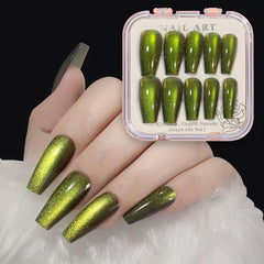 24pcs Green Reflective Glitter Cat Eye Press On Nails With Chameleon Effect