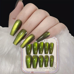 24pcs Green Reflective Glitter Cat Eye Press On Nails With Chameleon Effect