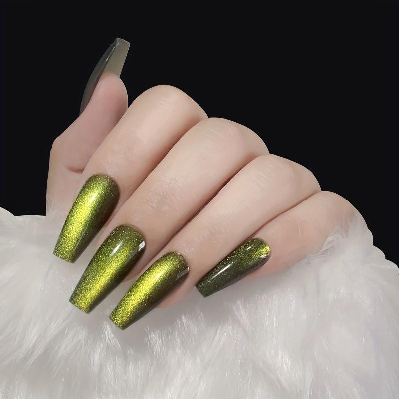 24pcs Green Reflective Glitter Cat Eye Press On Nails With Chameleon Effect