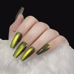 24pcs Green Reflective Glitter Cat Eye Press On Nails With Chameleon Effect