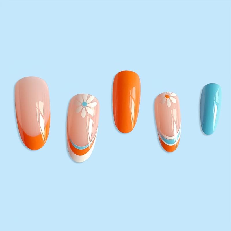Glossy Almond Press On Nails French Tip False Nails