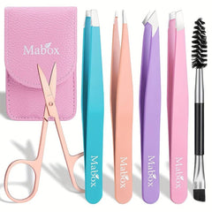 6-Piece Eyebrow Tweezers Set with Scissors Brush Stainless Steel