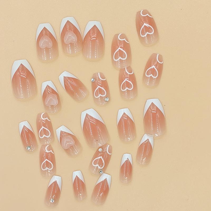 Pink Blush Acrylic False Nails w/ Heart Pattern Sticks On Nails