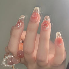Pink Blush Acrylic False Nails w/ Heart Pattern Sticks On Nails