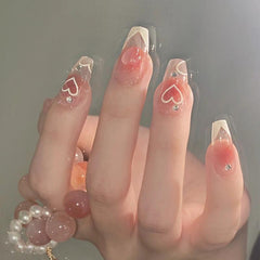 Pink Blush Acrylic False Nails w/ Heart Pattern Sticks On Nails
