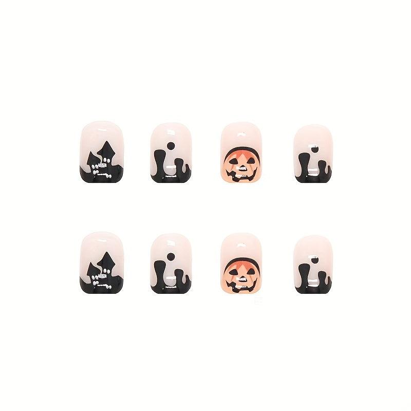 Halloween Press on Nails Short Square Pumpkin Castle Full Cover Nail Tips