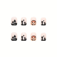 Halloween Press on Nails Short Square Pumpkin Castle Full Cover Nail Tips