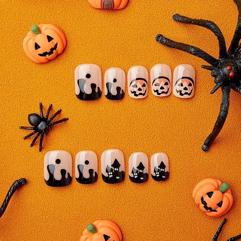 Halloween Press on Nails Short Square Pumpkin Castle Full Cover Nail Tips