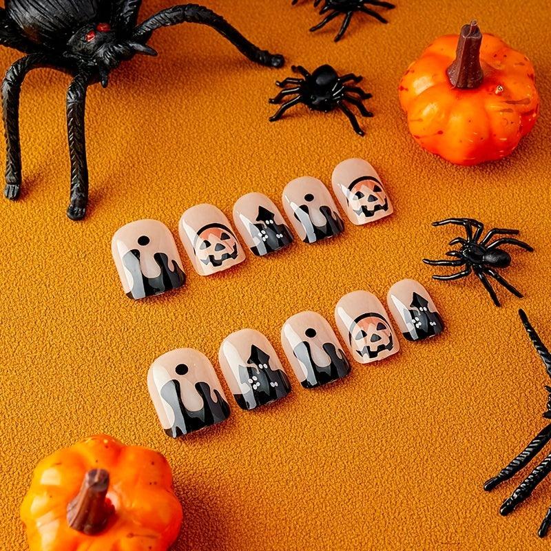 Halloween Press on Nails Short Square Pumpkin Castle Full Cover Nail Tips