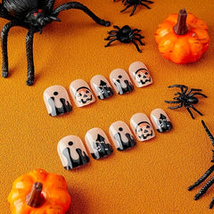 Halloween Press on Nails Short Square Pumpkin Castle Full Cover Nail Tips