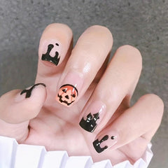Halloween Press on Nails Short Square Pumpkin Castle Full Cover Nail Tips
