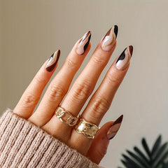 24pcs Golden Glitter Swirl Press On Nails Almond Shape Abstract False Nails
