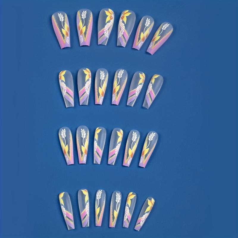 Colorful Glitter Swirl Press On Nails With Flower Leaves Rhinestones