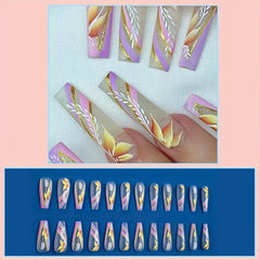 Colorful Glitter Swirl Press On Nails With Flower Leaves Rhinestones