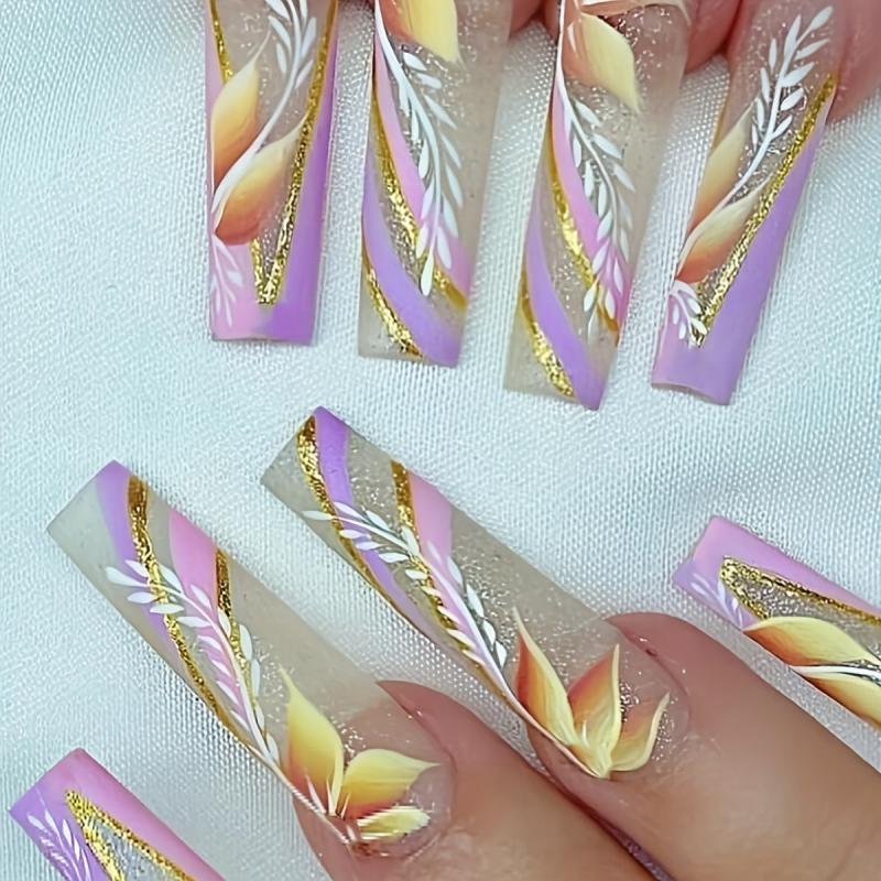 Colorful Glitter Swirl Press On Nails With Flower Leaves Rhinestones