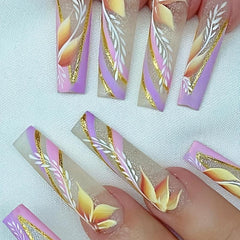Colorful Glitter Swirl Press On Nails With Flower Leaves Rhinestones
