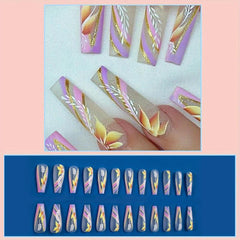 Colorful Glitter Swirl Press On Nails With Flower Leaves Rhinestones