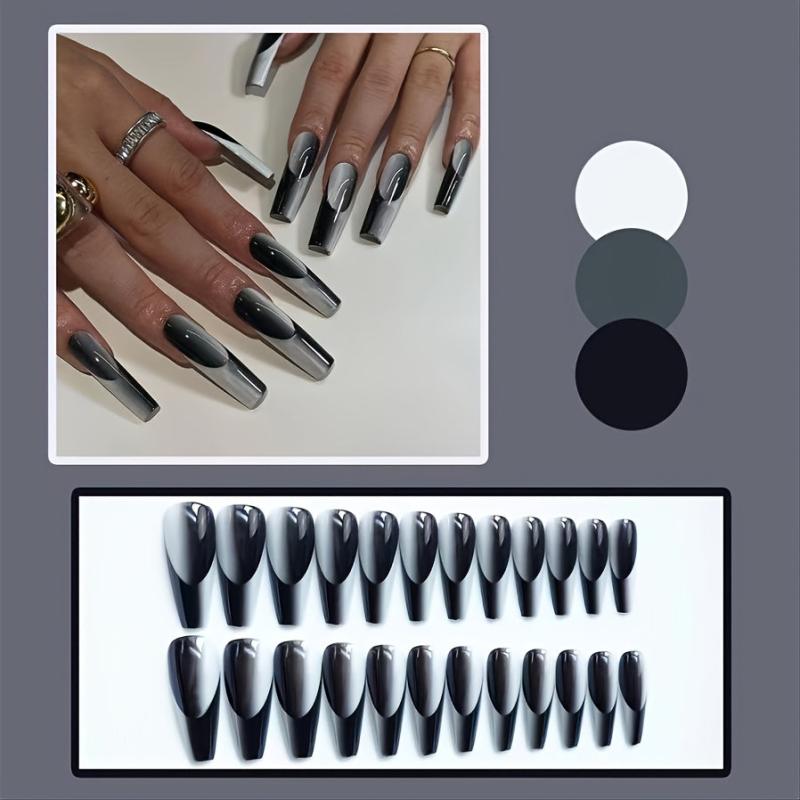 24 Glossy Gray Coffin French Tips Press On Nails Full Cover Ballerina Mani