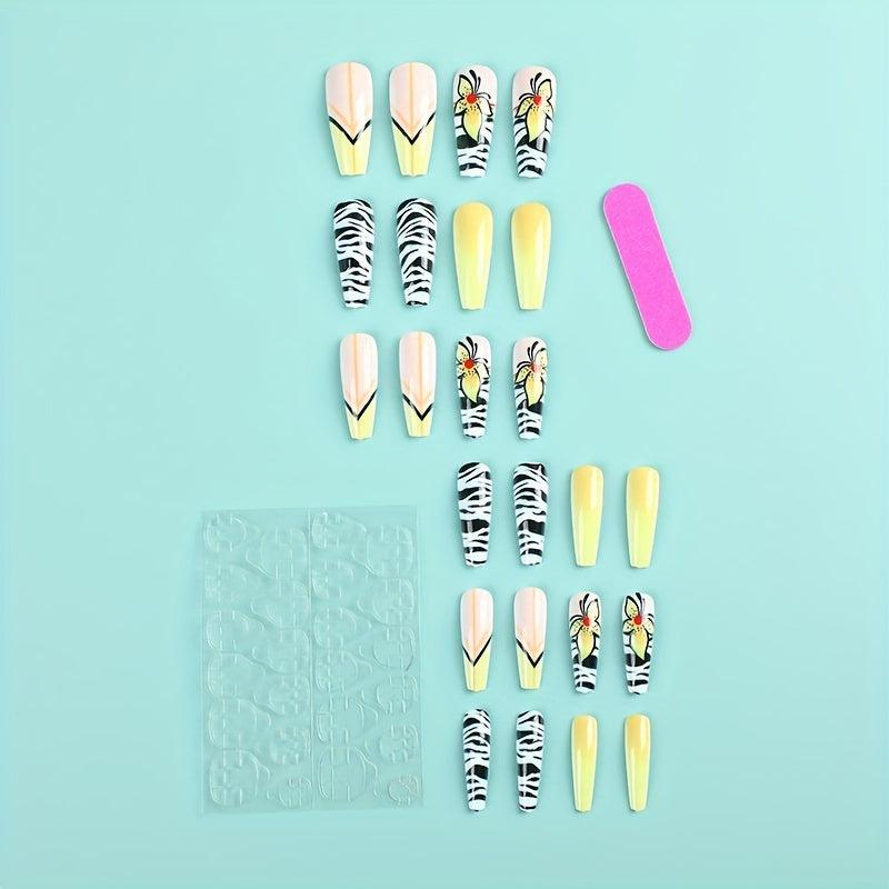 24 pcs Glossy Butterfly Coffin Ballerina Press On Nails for Women and Girls