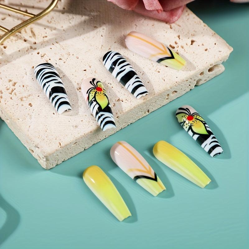 24 pcs Glossy Butterfly Coffin Ballerina Press On Nails for Women and Girls