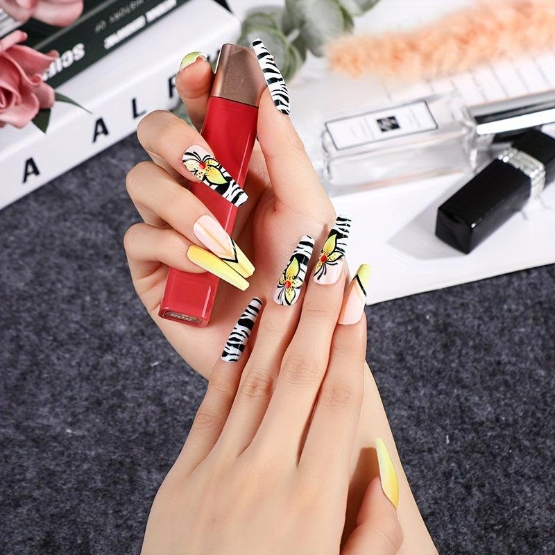 24 pcs Glossy Butterfly Coffin Ballerina Press On Nails for Women and Girls