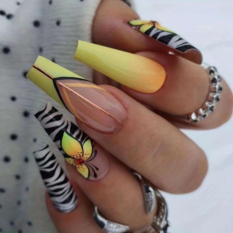 24 pcs Glossy Butterfly Coffin Ballerina Press On Nails for Women and Girls