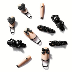 10pcs 3D Bear Heart Bow Press On Nails Glossy Long Coffin Shape Nude False Nails
