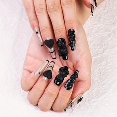 10pcs 3D Bear Heart Bow Press On Nails Glossy Long Coffin Shape Nude False Nails