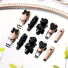 10pcs 3D Bear Heart Bow Press On Nails Glossy Long Coffin Shape Nude False Nails