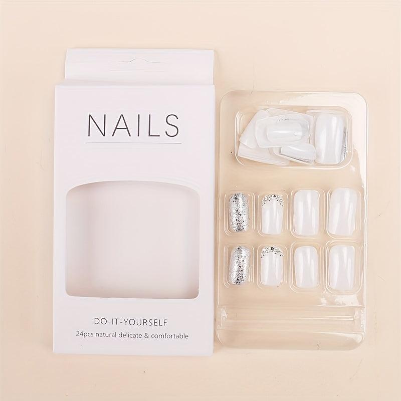 24pcs Silver Sequin Square False Nails for Daily Wear