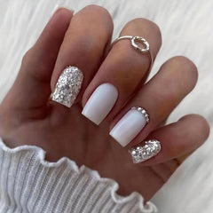 24pcs Silver Sequin Square False Nails for Daily Wear