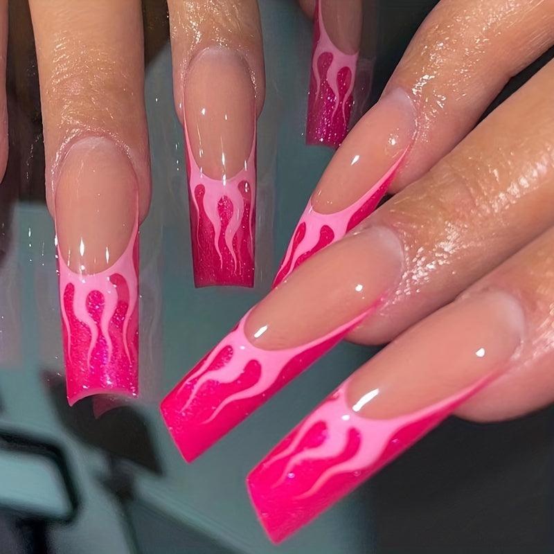 Y2K Pink Medium Press On Nails Long Acrylic False Nails With Rose Pink Flame Tip