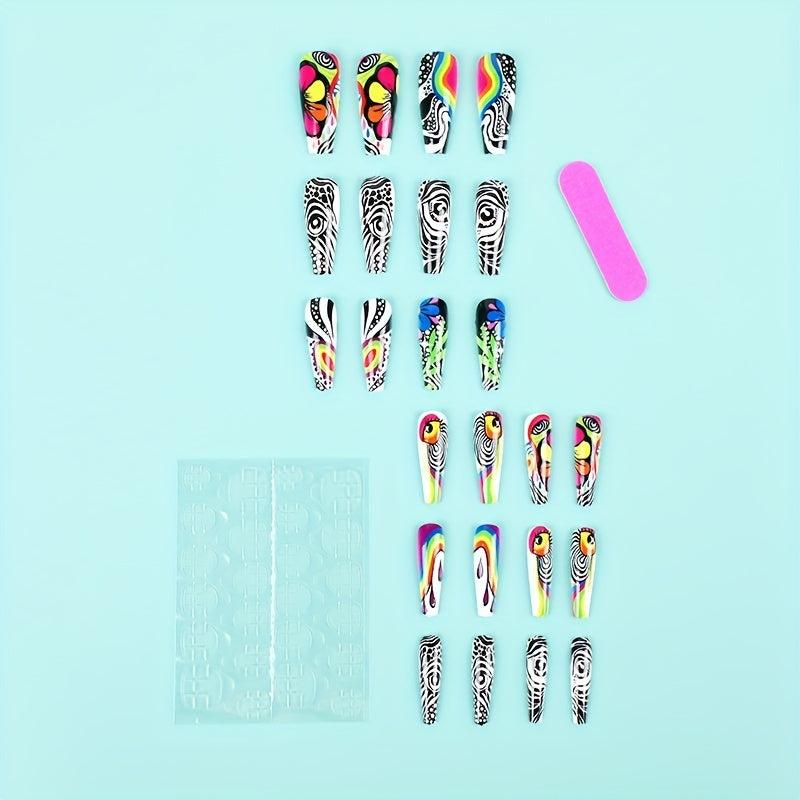 24 pcs Matte Long Ballerina Press On Nails with Swirl Designs