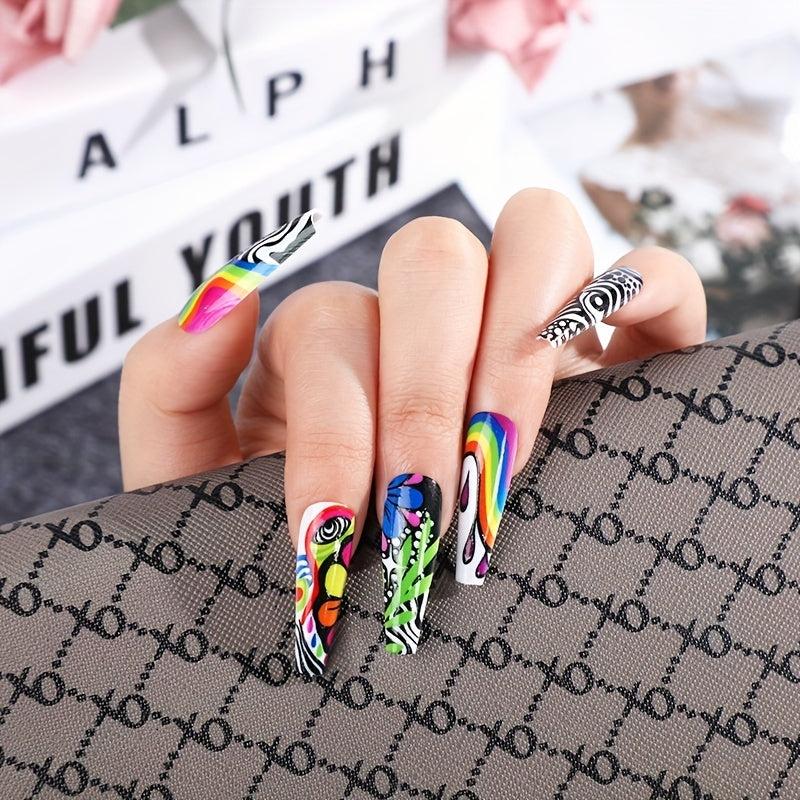 24 pcs Matte Long Ballerina Press On Nails with Swirl Designs