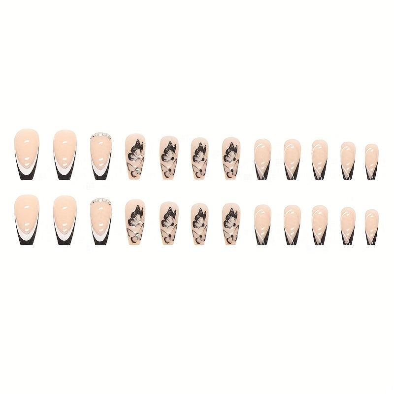 24 pcs Nude Coffin Ballerina Press On Nails with Butterfly Glitter False Nails