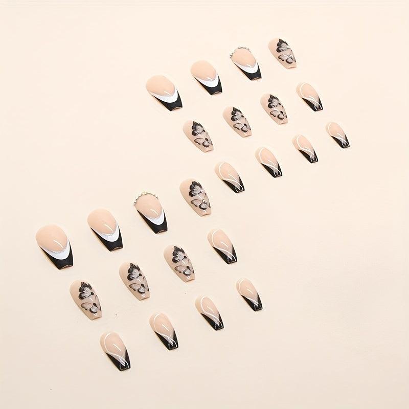 24 pcs Nude Coffin Ballerina Press On Nails with Butterfly Glitter False Nails